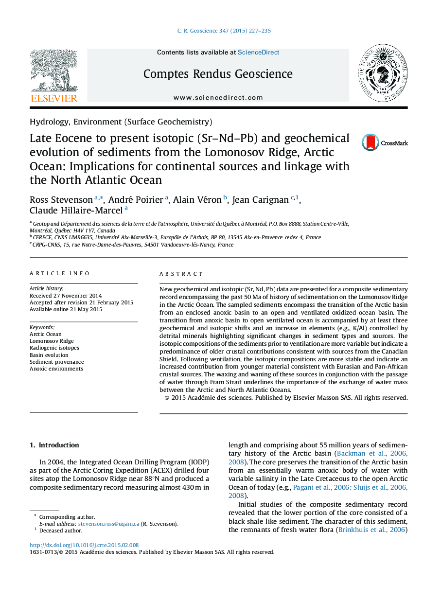 Late Eocene to present isotopic (Sr–Nd–Pb) and geochemical evolution of sediments from the Lomonosov Ridge, Arctic Ocean: Implications for continental sources and linkage with the North Atlantic Ocean