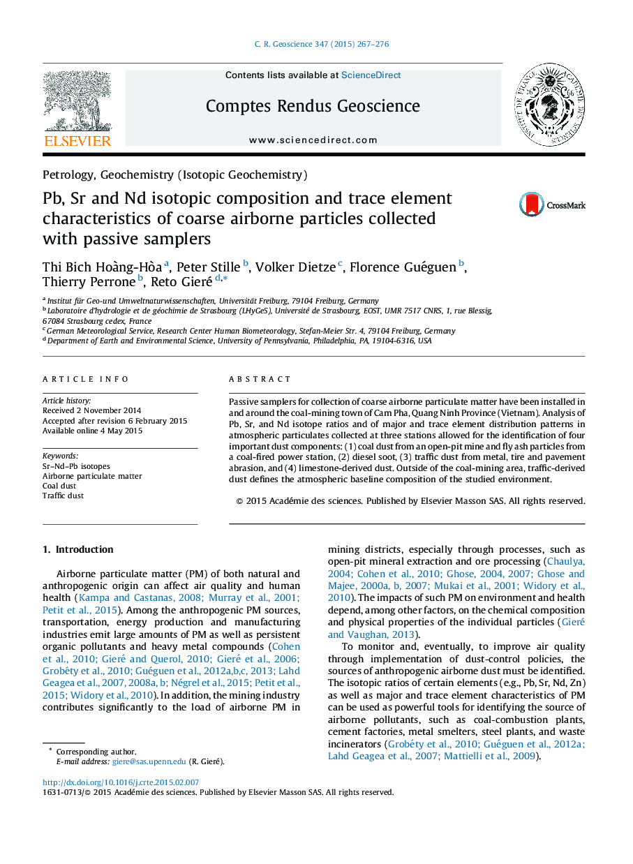 Pb, Sr and Nd isotopic composition and trace element characteristics of coarse airborne particles collected with passive samplers