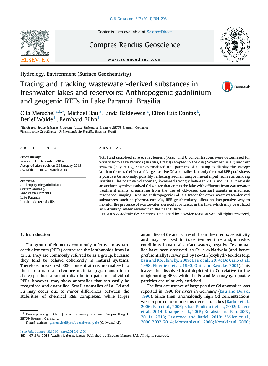 Tracing and tracking wastewater-derived substances in freshwater lakes and reservoirs: Anthropogenic gadolinium and geogenic REEs in Lake Paranoá, Brasilia