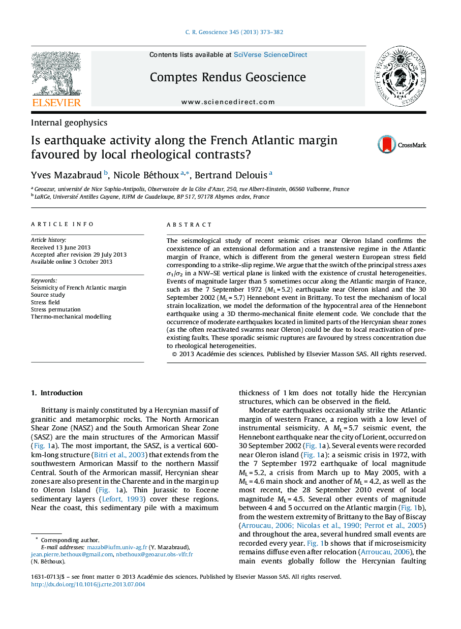 Is earthquake activity along the French Atlantic margin favoured by local rheological contrasts?