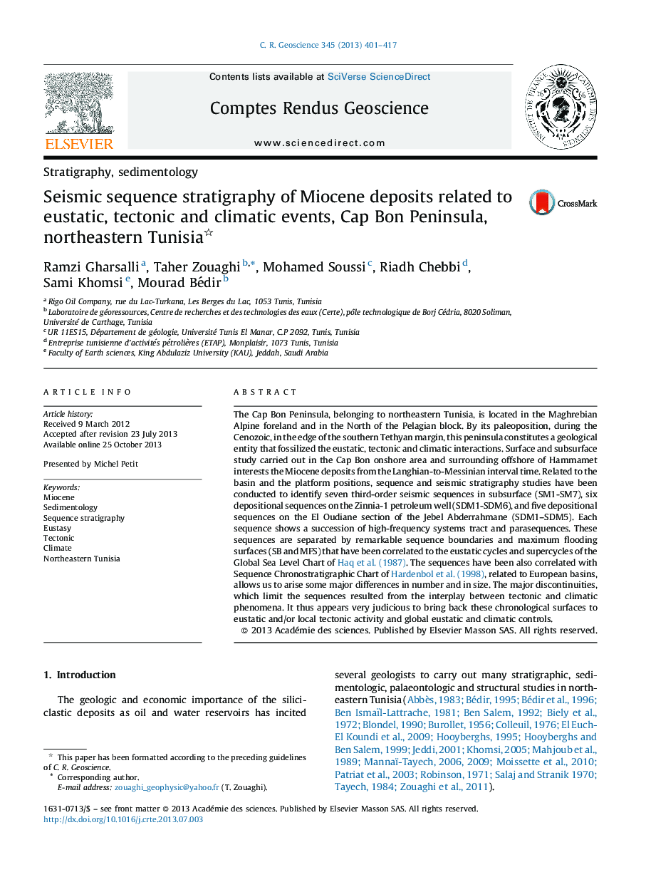 Seismic sequence stratigraphy of Miocene deposits related to eustatic, tectonic and climatic events, Cap Bon Peninsula, northeastern Tunisia 