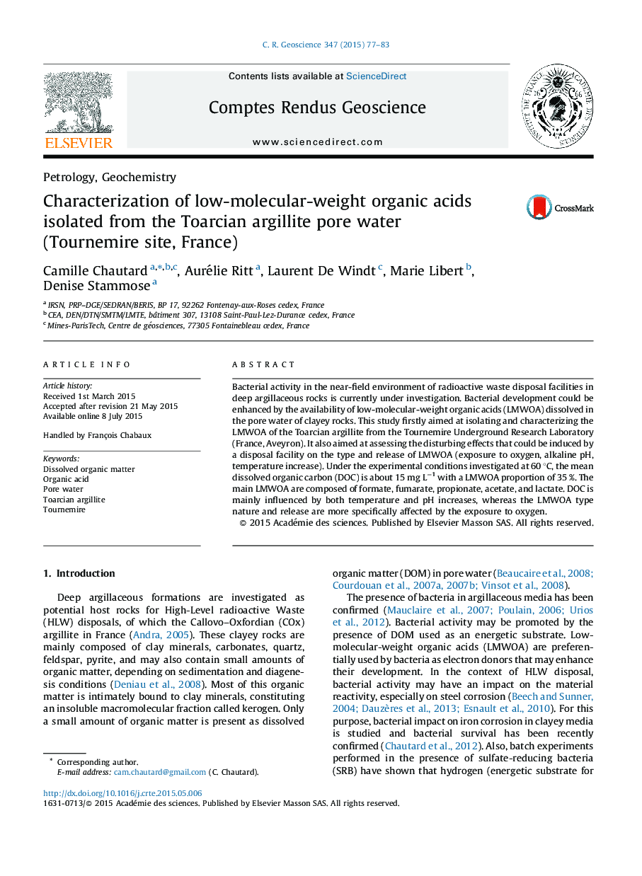 Characterization of low-molecular-weight organic acids isolated from the Toarcian argillite pore water (Tournemire site, France)