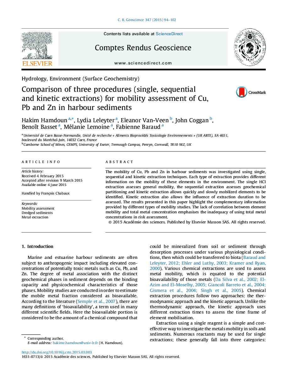 Comparison of three procedures (single, sequential and kinetic extractions) for mobility assessment of Cu, Pb and Zn in harbour sediments