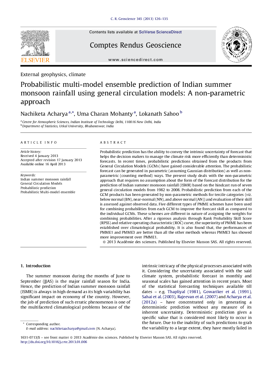 Probabilistic multi-model ensemble prediction of Indian summer monsoon rainfall using general circulation models: A non-parametric approach