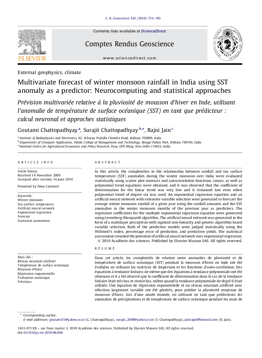 Multivariate forecast of winter monsoon rainfall in India using SST anomaly as a predictor: Neurocomputing and statistical approaches