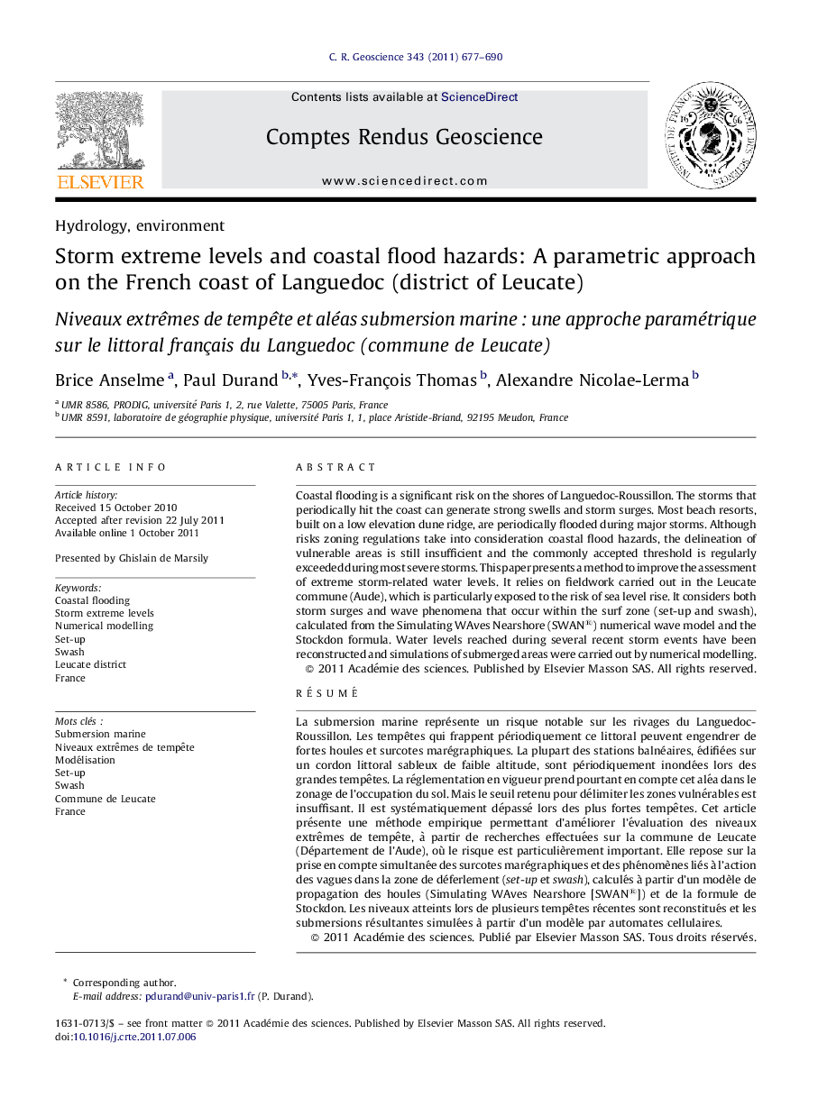 Storm extreme levels and coastal flood hazards: A parametric approach on the French coast of Languedoc (district of Leucate)