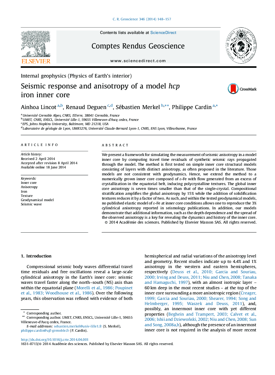عکس صفحه اول مقاله: Seismic response and anisotropy of a model hcp iron inner core Seismic response and anisotropy of a model hcp iron inner core