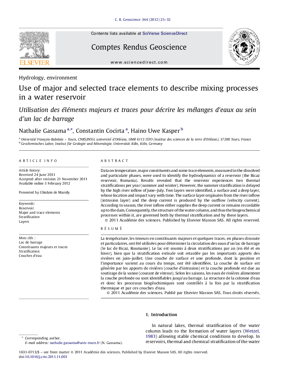 Use of major and selected trace elements to describe mixing processes in a water reservoir