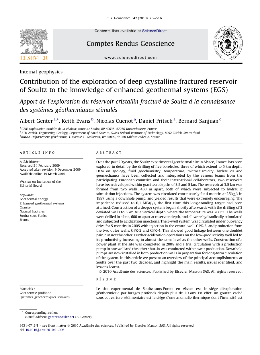 Contribution of the exploration of deep crystalline fractured reservoir of Soultz to the knowledge of enhanced geothermal systems (EGS)