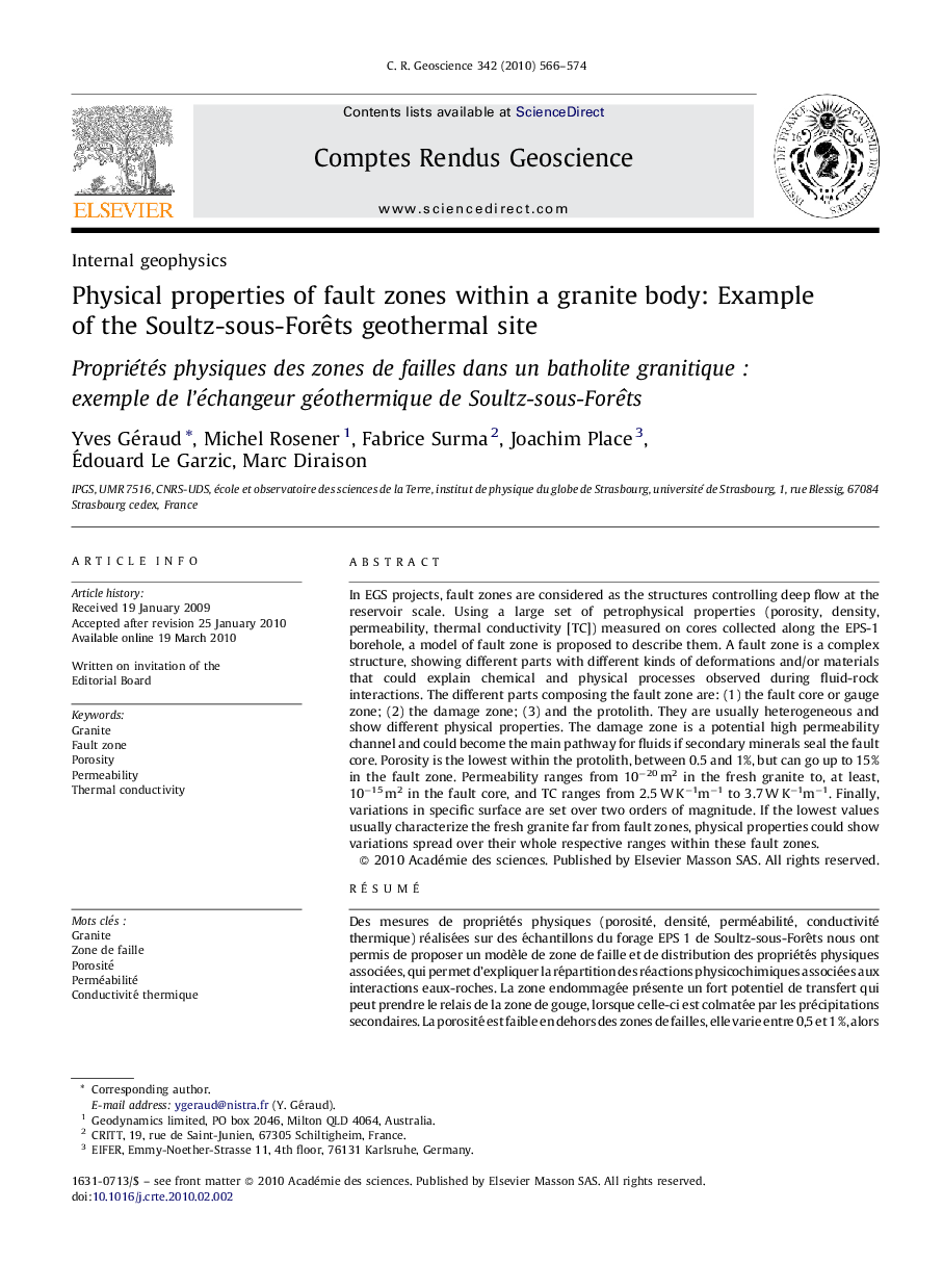 Physical properties of fault zones within a granite body: Example of the Soultz-sous-Forêts geothermal site