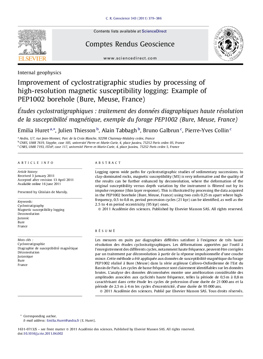 Improvement of cyclostratigraphic studies by processing of high-resolution magnetic susceptibility logging: Example of PEP1002 borehole (Bure, Meuse, France)