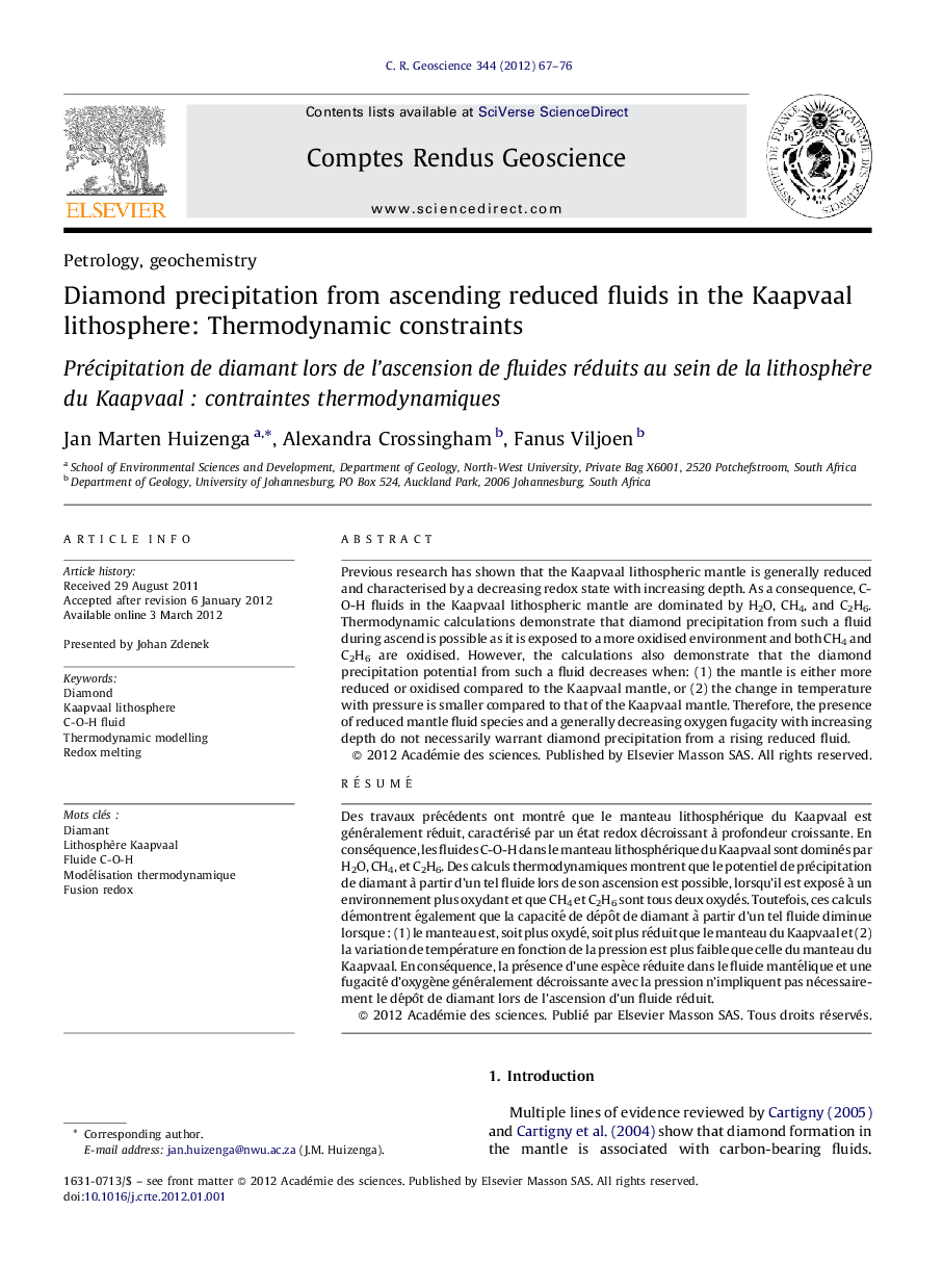 Diamond precipitation from ascending reduced fluids in the Kaapvaal lithosphere: Thermodynamic constraints