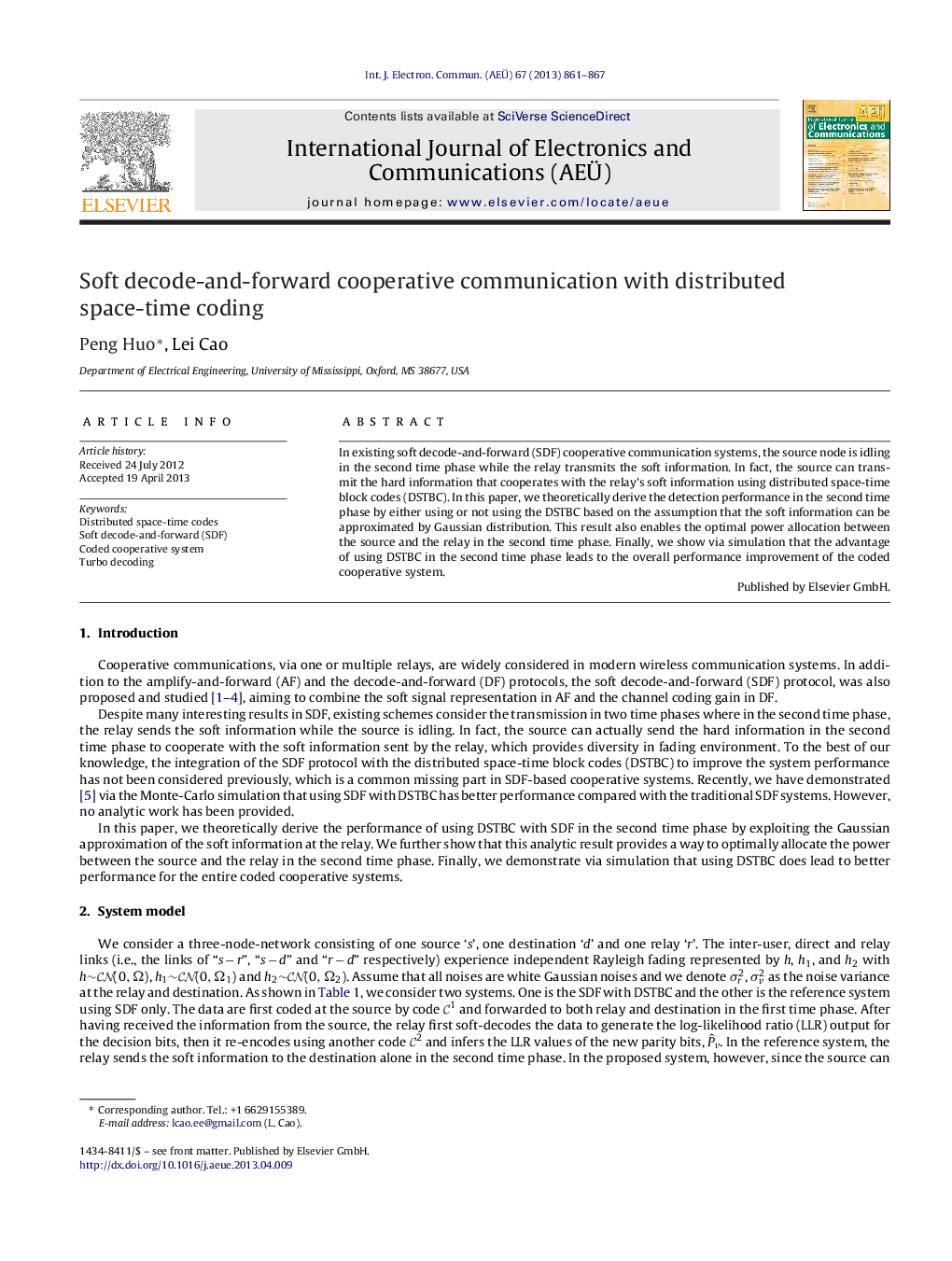 عکس صفحه اول مقاله: Soft decode-and-forward cooperative communication with distributed space-time coding Soft decode-and-forward cooperative communication with distributed space-time coding