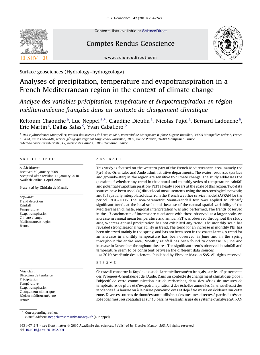 Analyses of precipitation, temperature and evapotranspiration in a French Mediterranean region in the context of climate change