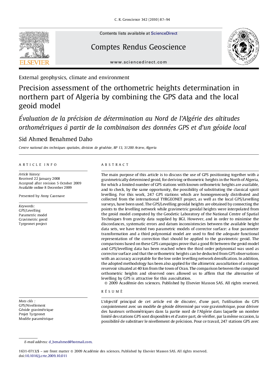 Precision assessment of the orthometric heights determination in northern part of Algeria by combining the GPS data and the local geoid model