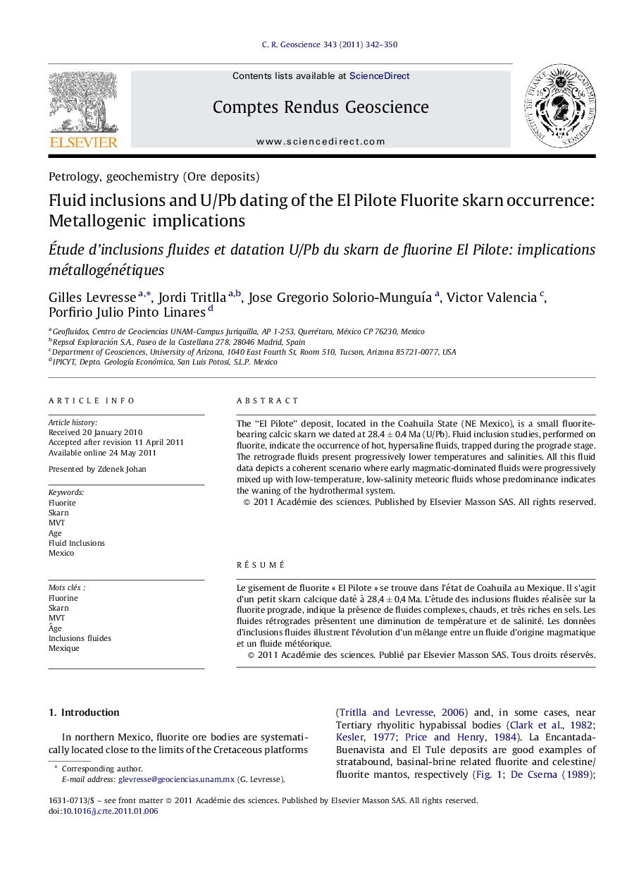 Fluid inclusions and U/Pb dating of the El Pilote Fluorite skarn occurrence: Metallogenic implications