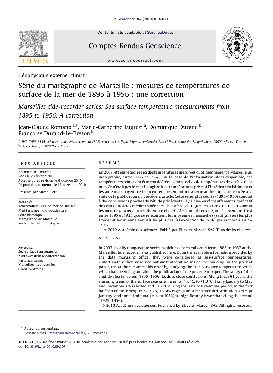 Série du marégraphe de Marseille : mesures de températures de surface de la mer de 1895 à 1956 : une correction