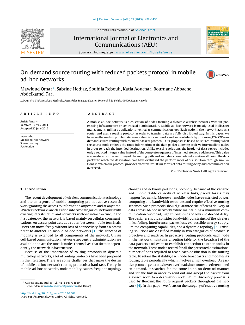 On-demand source routing with reduced packets protocol in mobile ad-hoc networks