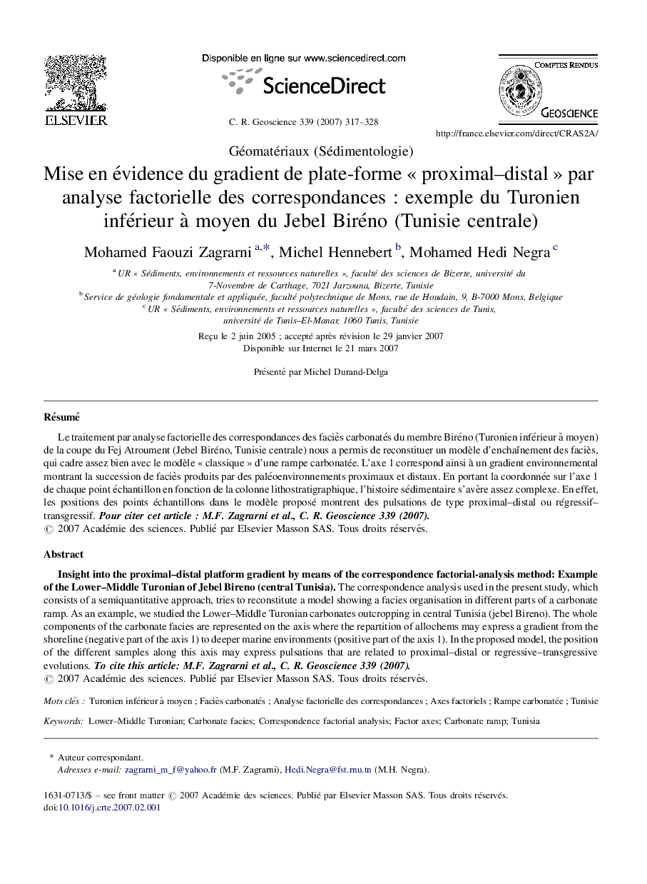 Mise en évidence du gradient de plate-forme « proximal–distal » par analyse factorielle des correspondances : exemple du Turonien inférieur à moyen du Jebel Biréno (Tunisie centrale)