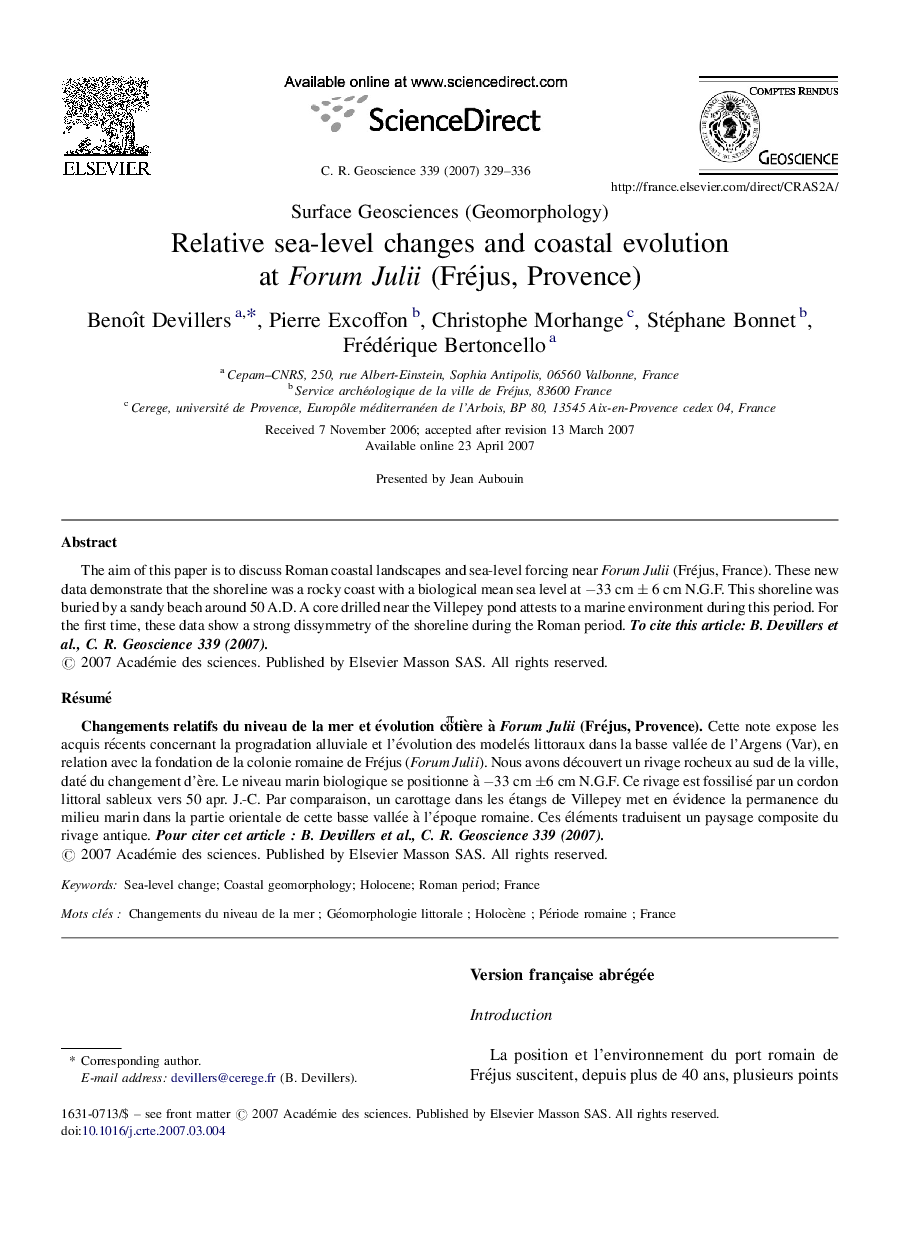 Relative sea-level changes and coastal evolution at Forum Julii (Fréjus, Provence)