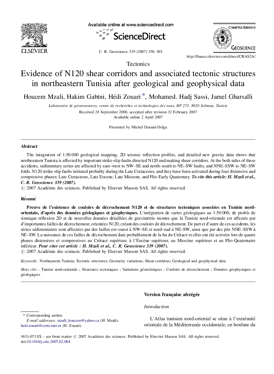 Evidence of N120 shear corridors and associated tectonic structures in northeastern Tunisia after geological and geophysical data