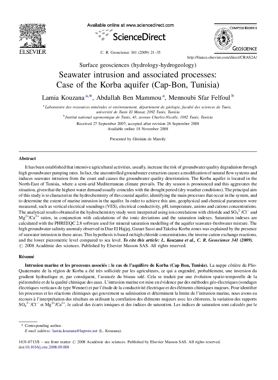 Seawater intrusion and associated processes: Case of the Korba aquifer (Cap-Bon, Tunisia)