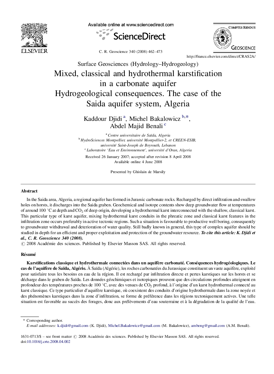 Mixed, classical and hydrothermal karstification in a carbonate aquifer: Hydrogeological consequences. The case of the Saida aquifer system, Algeria