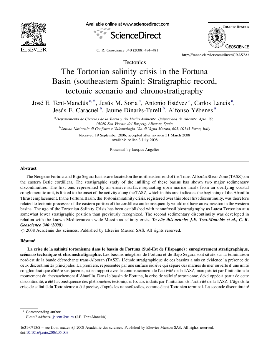 The Tortonian salinity crisis in the Fortuna Basin (southeastern Spain): Stratigraphic record, tectonic scenario and chronostratigraphy