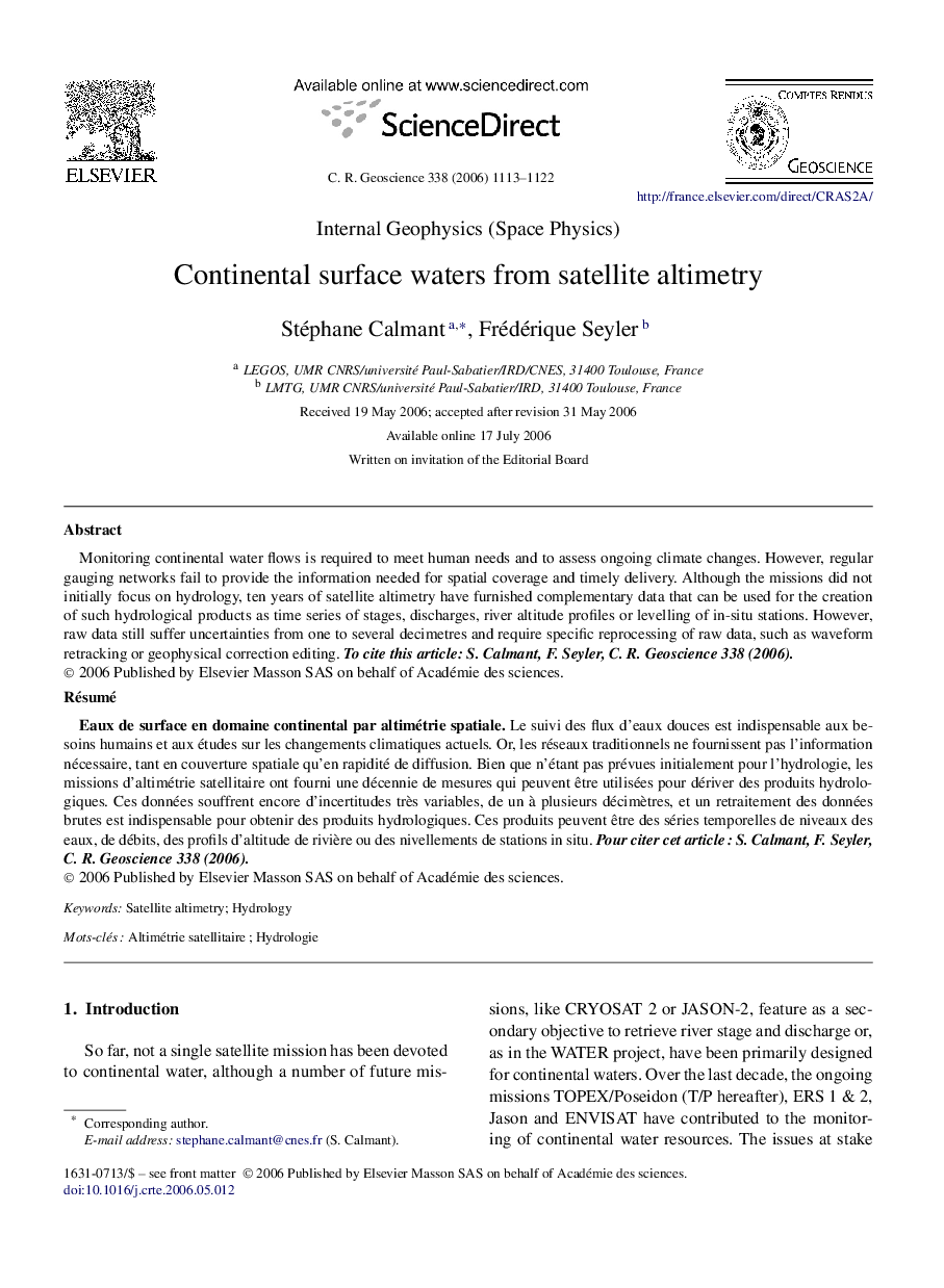 Continental surface waters from satellite altimetry