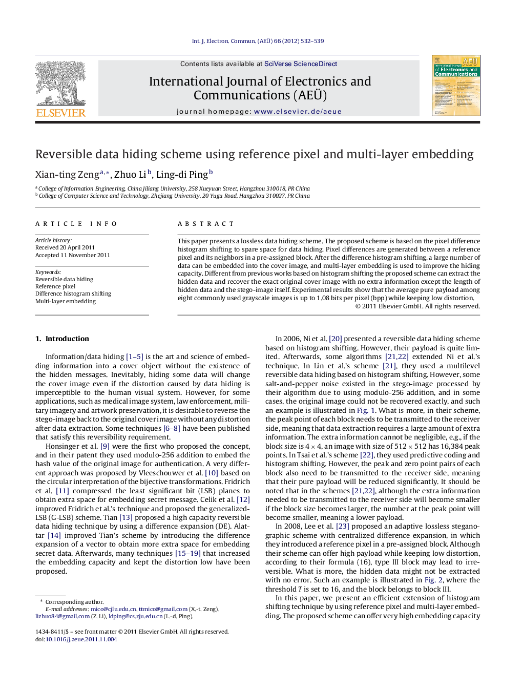 عکس صفحه اول مقاله: Reversible data hiding scheme using reference pixel and multi-layer embedding Reversible data hiding scheme using reference pixel and multi-layer embedding