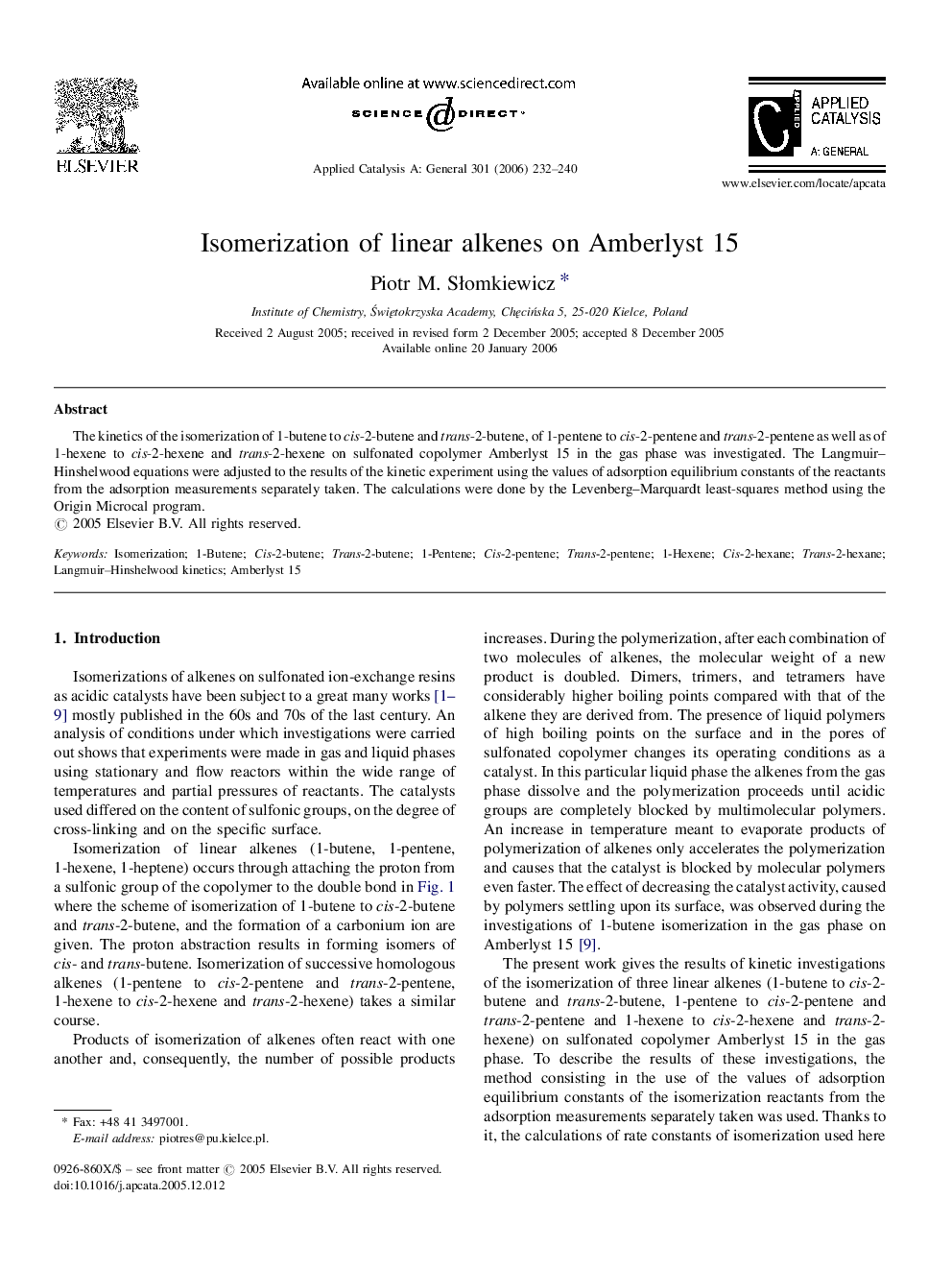 Isomerization of linear alkenes on Amberlyst 15
