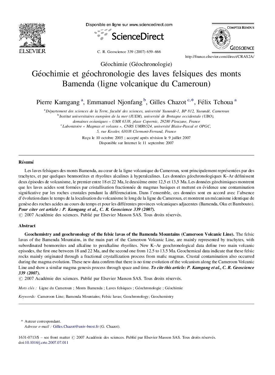 Géochimie et géochronologie des laves felsiques des monts Bamenda (ligne volcanique du Cameroun)