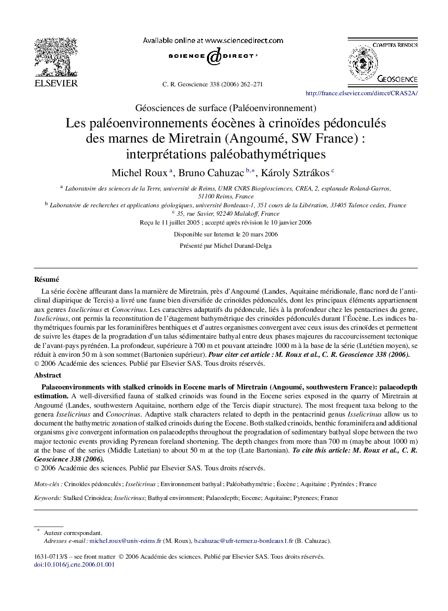 Les paléoenvironnements éocènes à crinoïdes pédonculés des marnes de Miretrain (Angoumé, SW France) : interprétations paléobathymétriques
