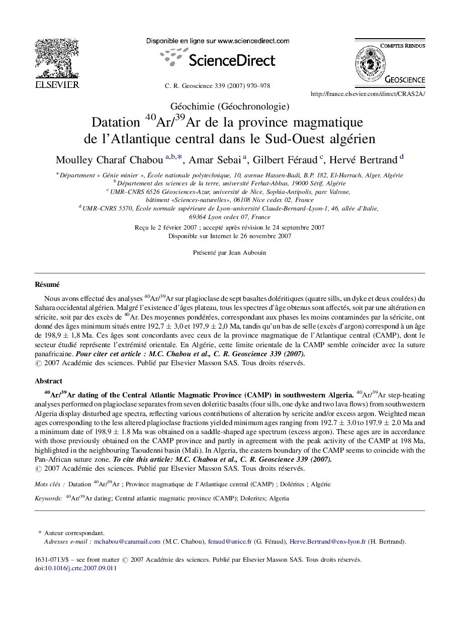 Datation 40Ar/39Ar de la province magmatique de l’Atlantique central dans le Sud-Ouest algérien