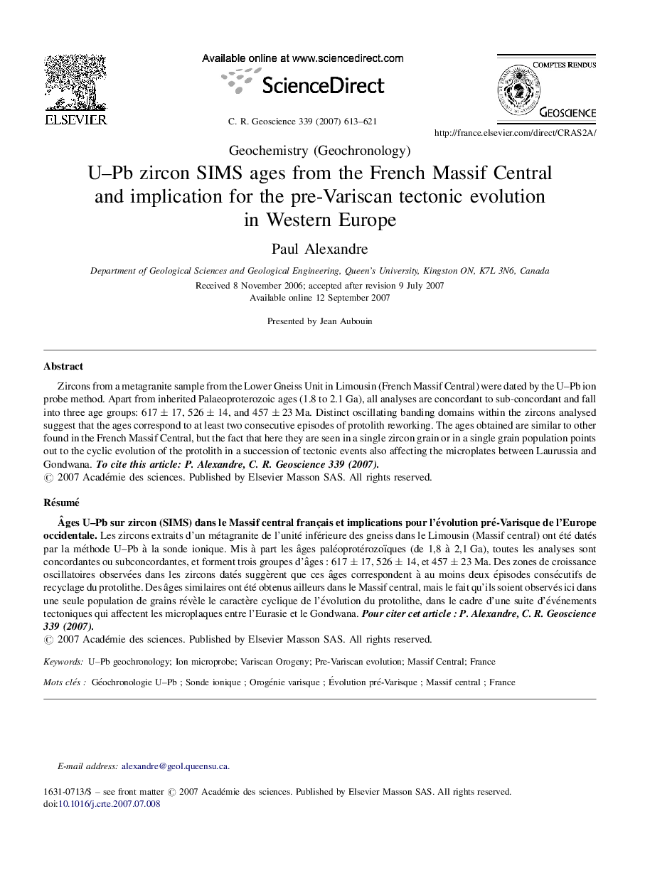 U–Pb zircon SIMS ages from the French Massif Central and implication for the pre-Variscan tectonic evolution in Western Europe