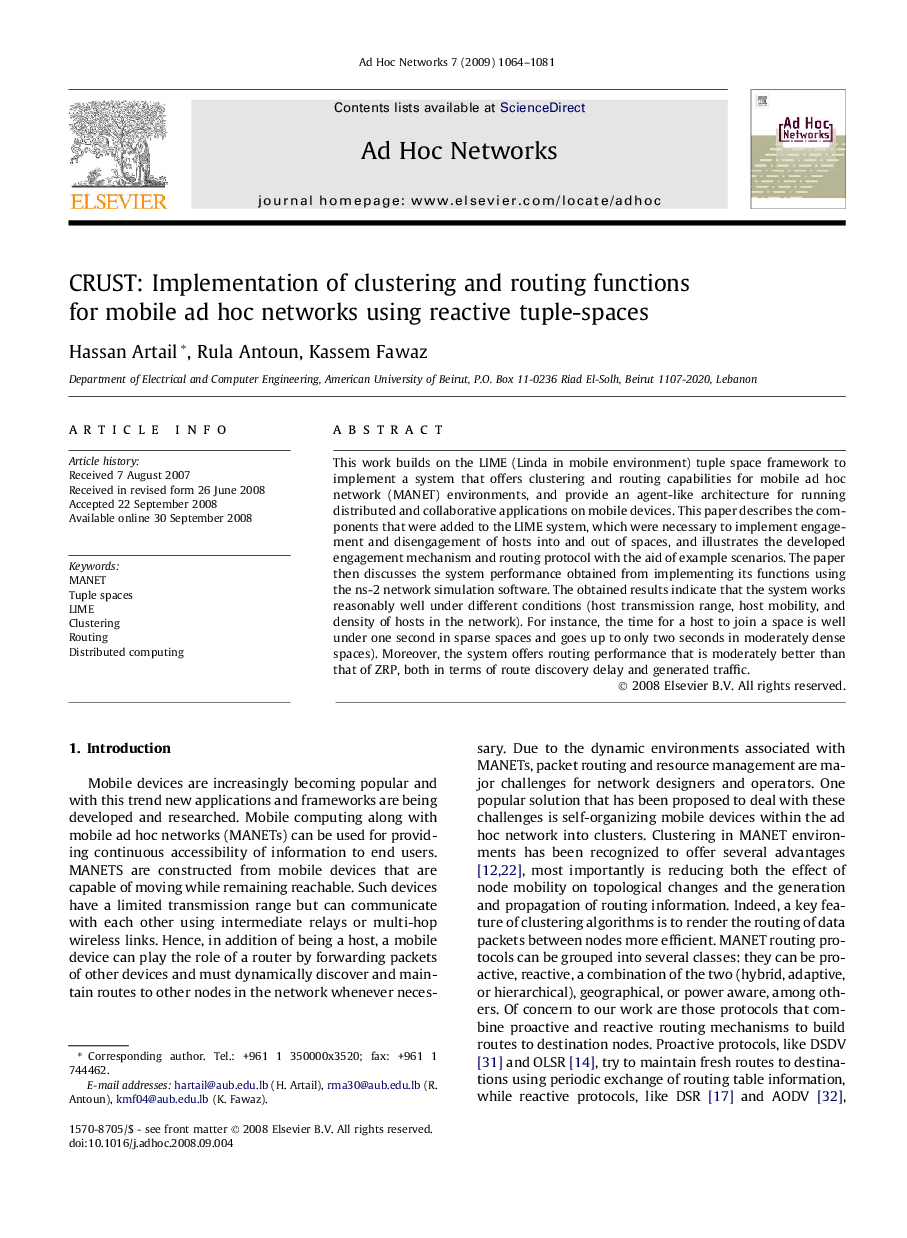 CRUST: Implementation of clustering and routing functions for mobile ad hoc networks using reactive tuple-spaces