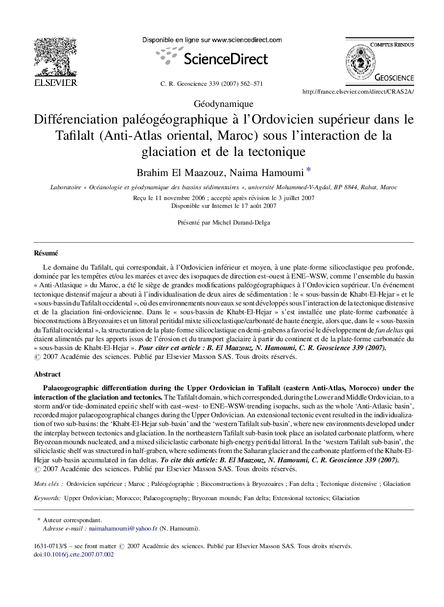 Différenciation paléogéographique à l’Ordovicien supérieur dans le Tafilalt (Anti-Atlas oriental, Maroc) sous l’interaction de la glaciation et de la tectonique