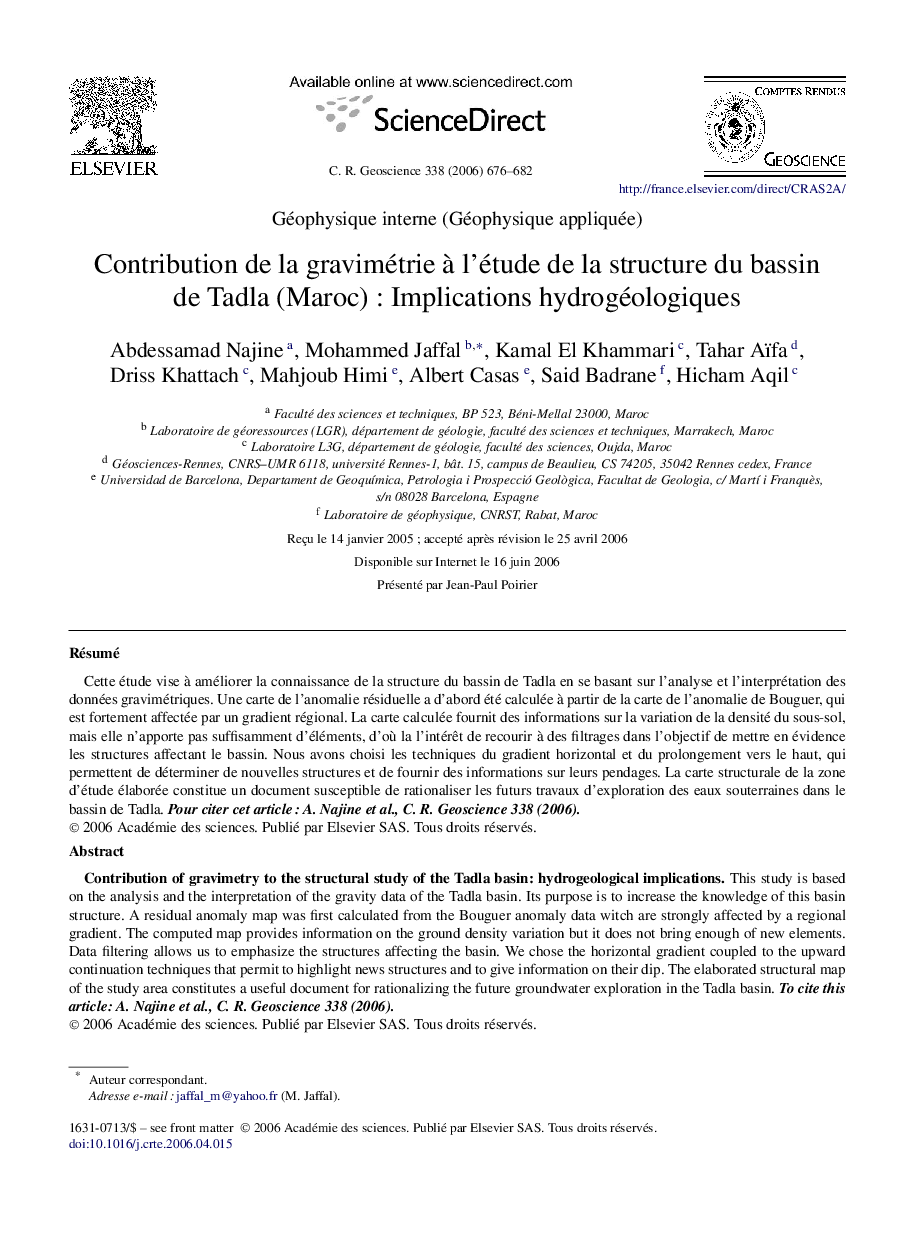 Contribution de la gravimétrie à l'étude de la structure du bassin de Tadla (Maroc) : Implications hydrogéologiques