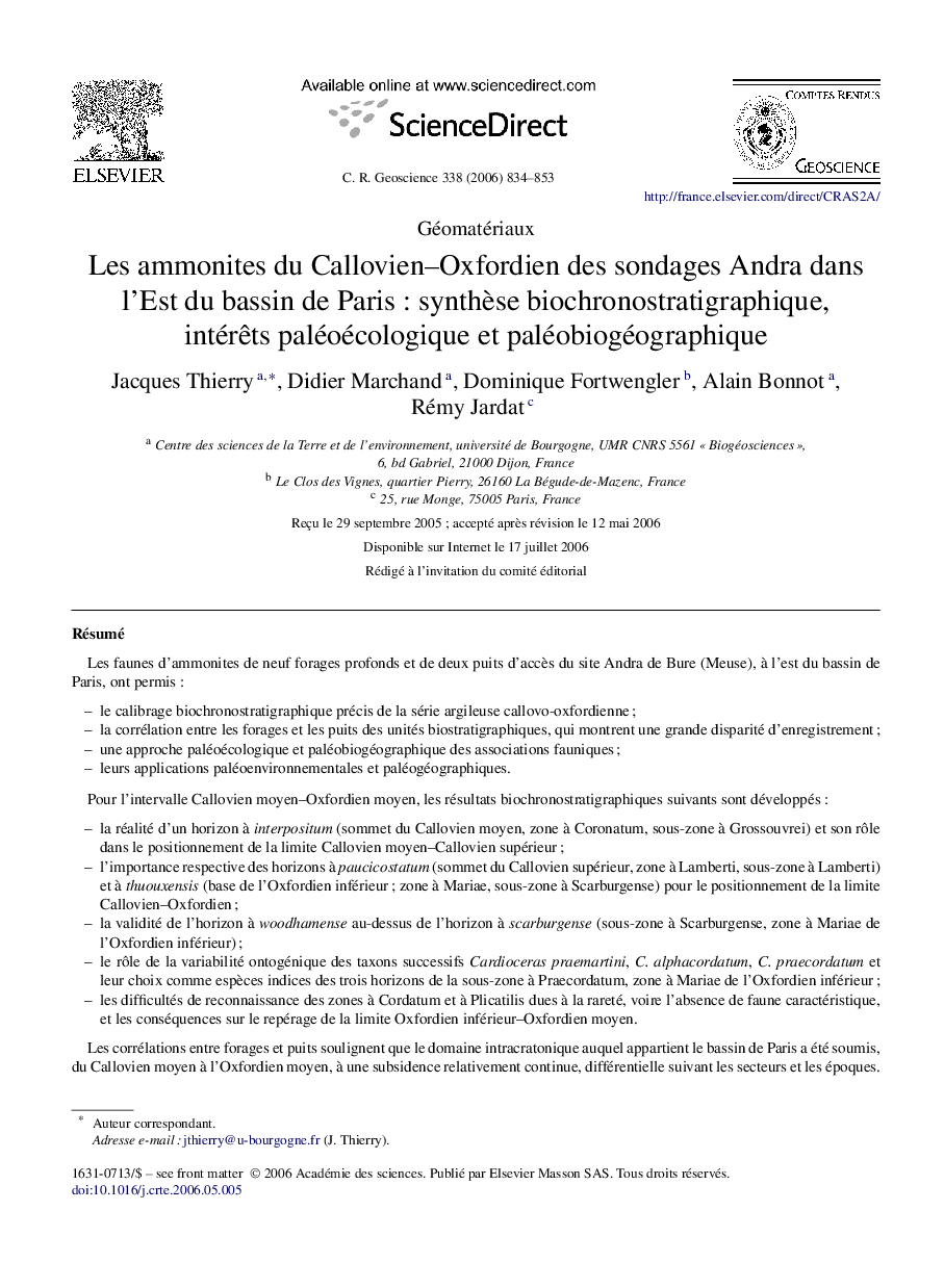 Les ammonites du Callovien–Oxfordien des sondages Andra dans l'Est du bassin de Paris : synthèse biochronostratigraphique, intérêts paléoécologique et paléobiogéographique