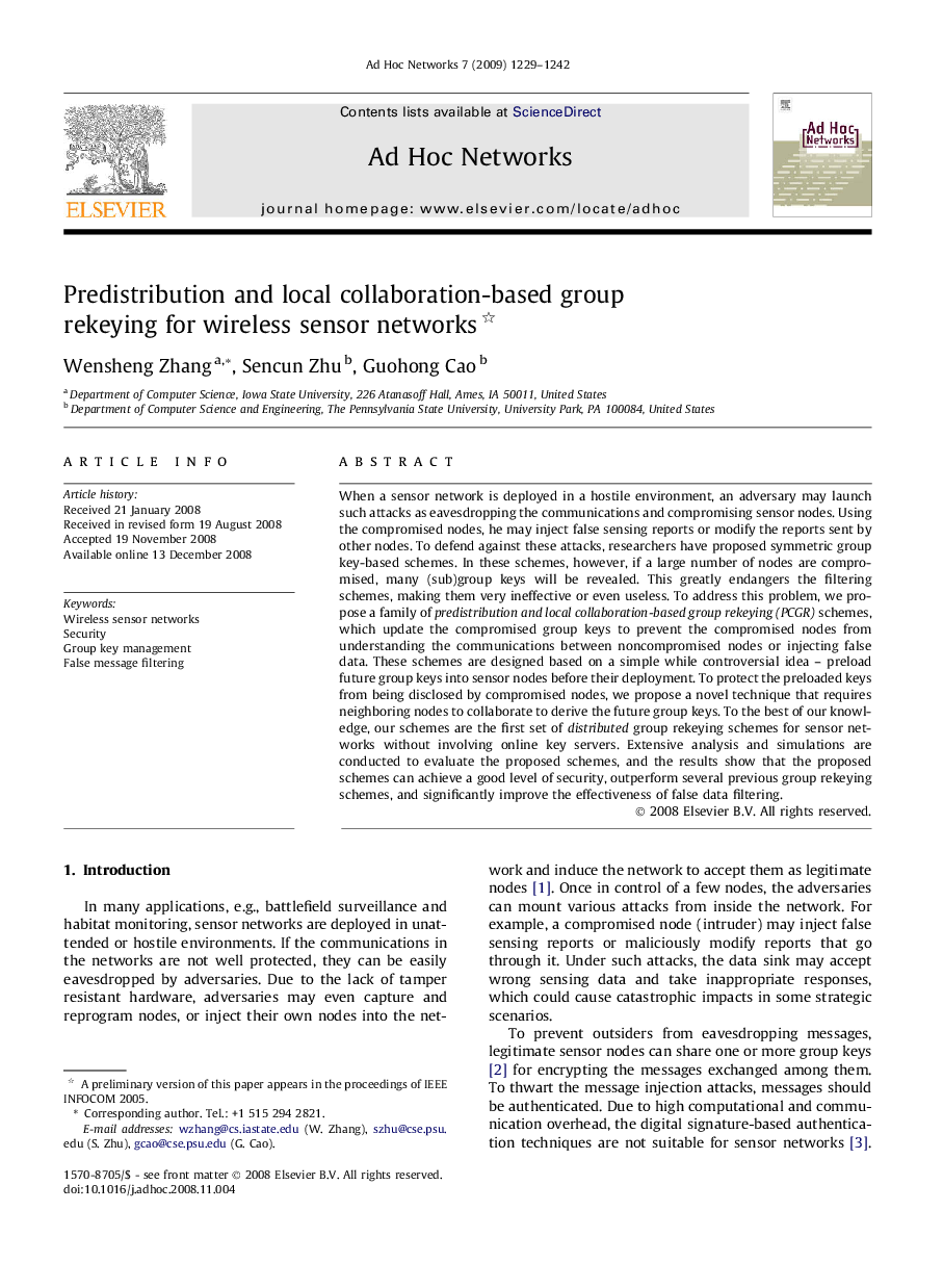 Predistribution and local collaboration-based group rekeying for wireless sensor networks 