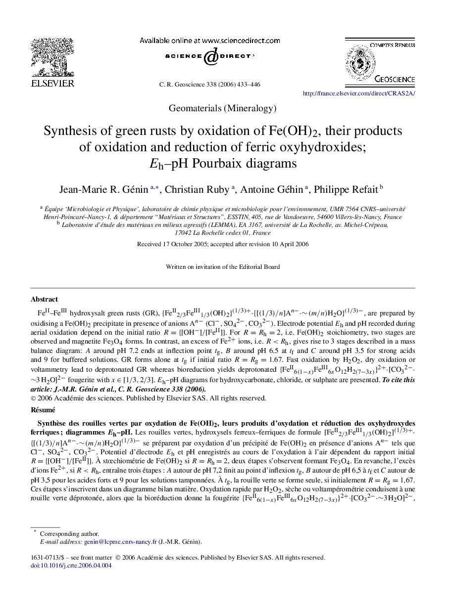 Synthesis of green rusts by oxidation of Fe(OH)2, their products of oxidation and reduction of ferric oxyhydroxides; EhEh–pH Pourbaix diagrams