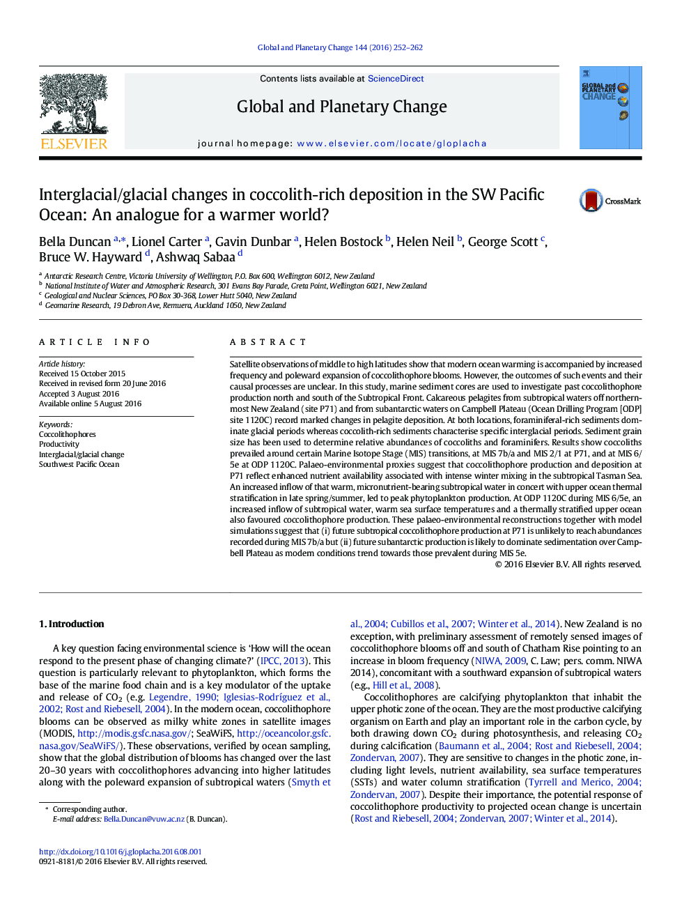 Interglacial/glacial changes in coccolith-rich deposition in the SW Pacific Ocean: An analogue for a warmer world?