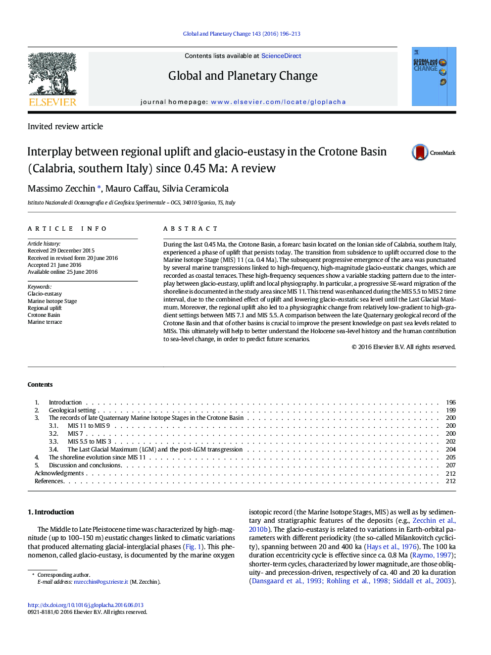 تأثیر متقابل بین بالاآمدگی منطقه ای و گلاسیو-eustasy در حوضه کروتون (کالابریا در جنوب ایتالیا،) از Ma 0.45: بررسی