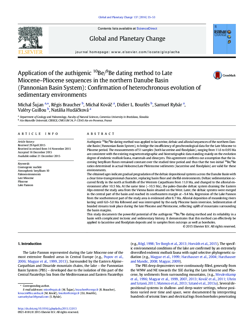 Application of the authigenic 10Be/9Be dating method to Late Miocene–Pliocene sequences in the northern Danube Basin (Pannonian Basin System): Confirmation of heterochronous evolution of sedimentary environments