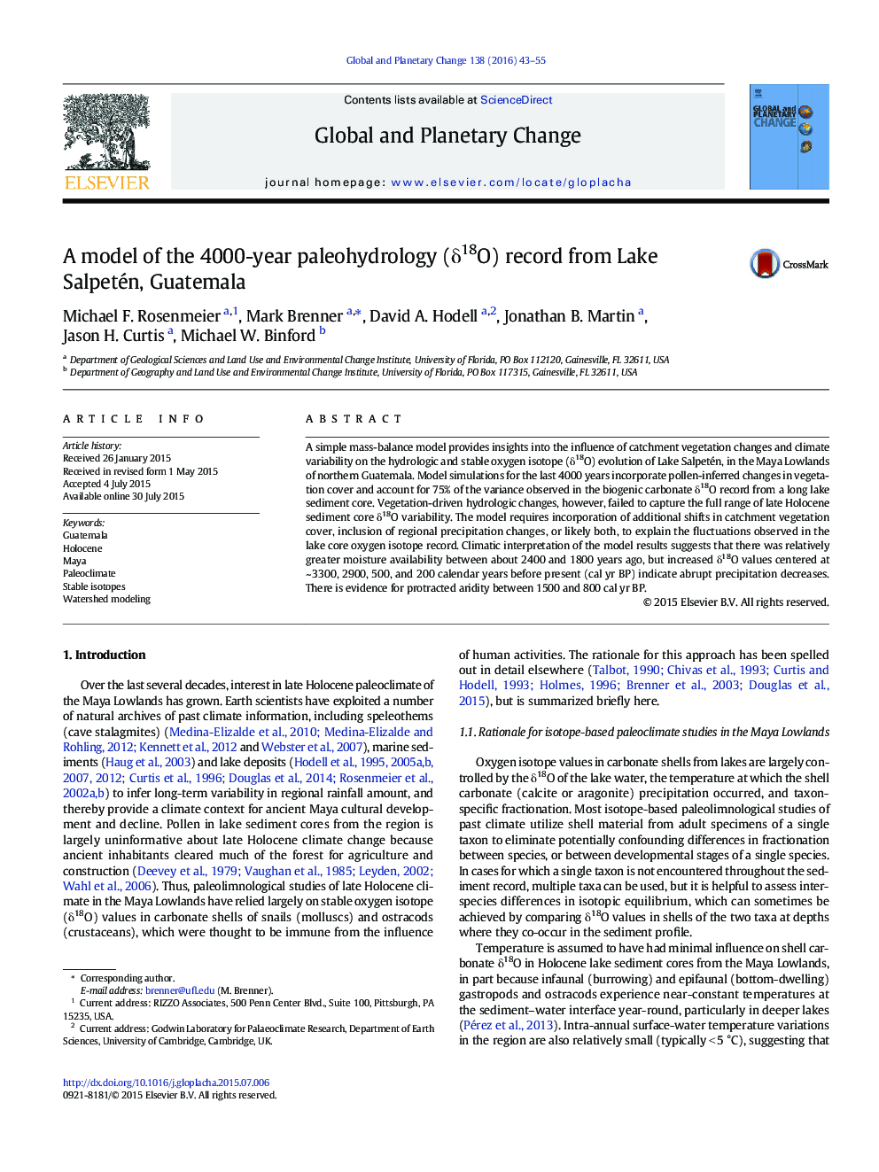 A model of the 4000-year paleohydrology (δ18O) record from Lake Salpetén, Guatemala