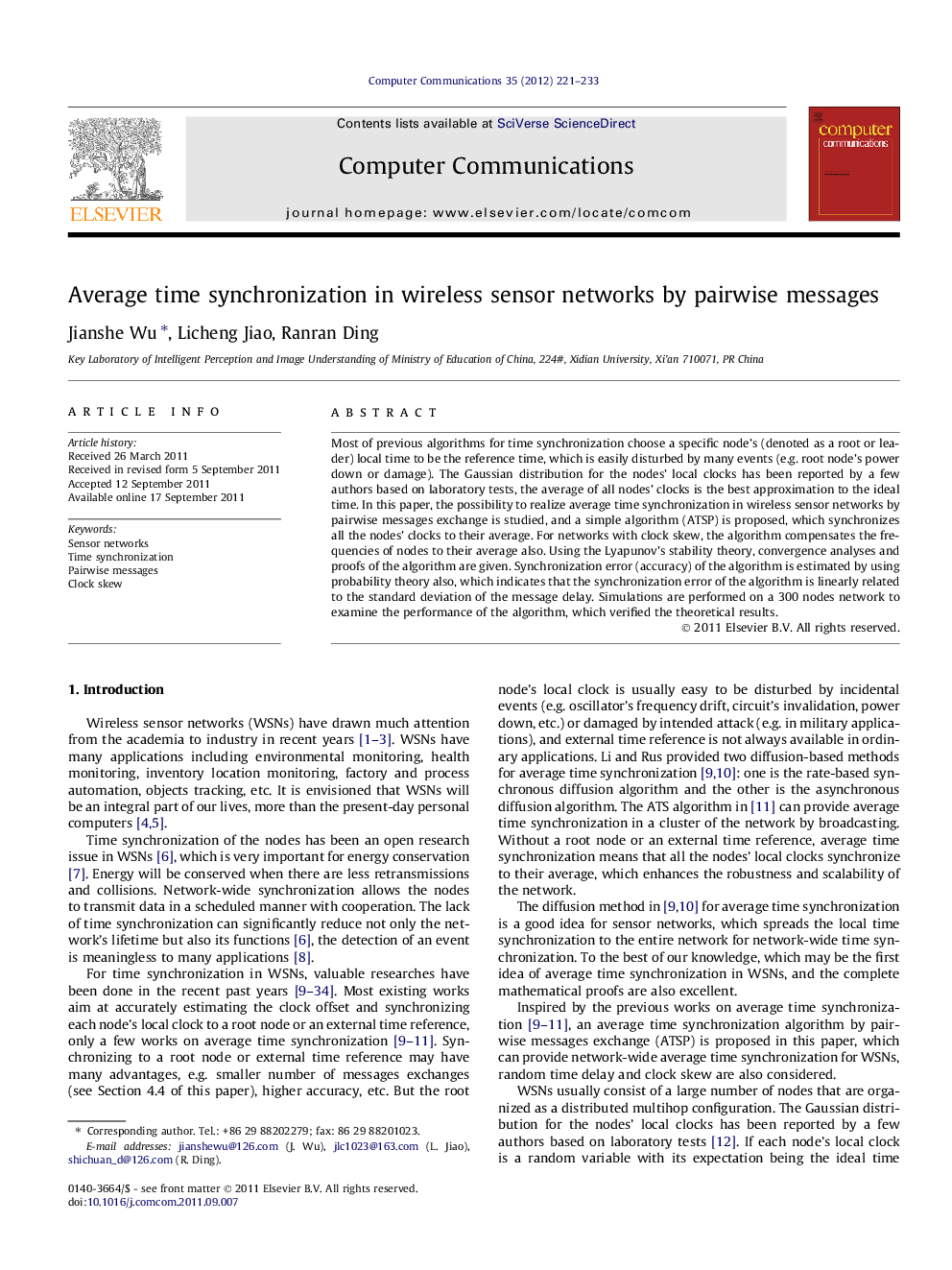 Average time synchronization in wireless sensor networks by pairwise messages