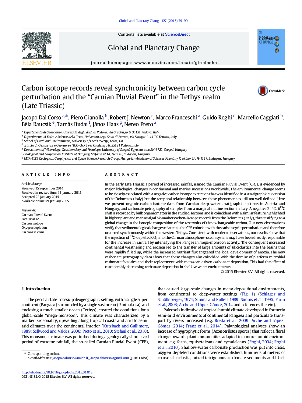 Carbon isotope records reveal synchronicity between carbon cycle perturbation and the “Carnian Pluvial Event” in the Tethys realm (Late Triassic)