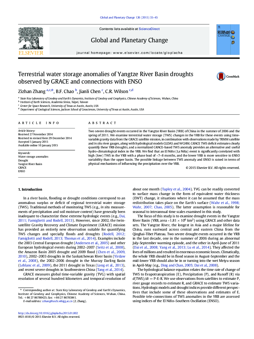 Terrestrial water storage anomalies of Yangtze River Basin droughts observed by GRACE and connections with ENSO