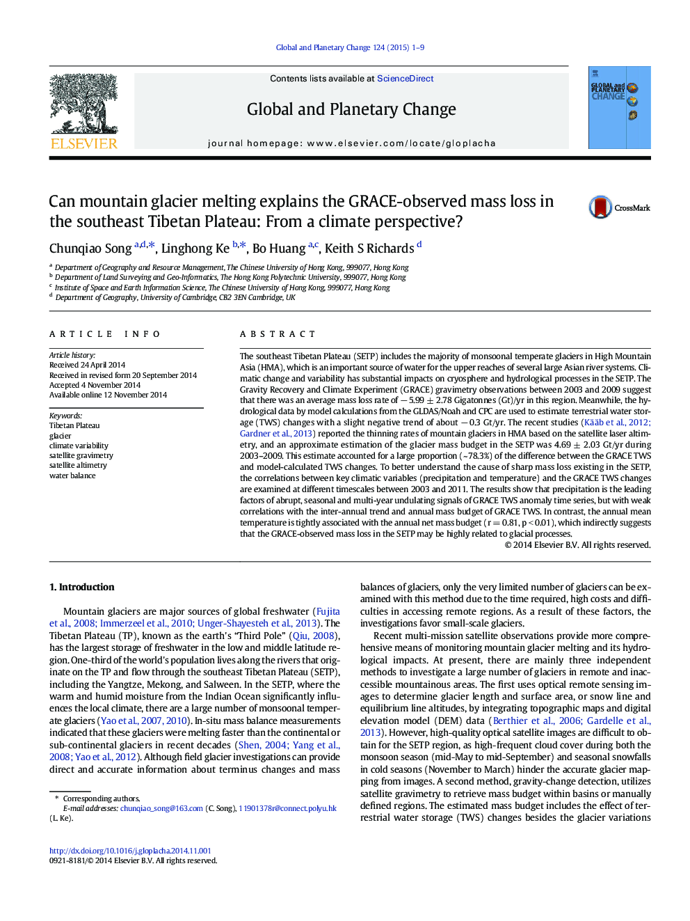 Can mountain glacier melting explains the GRACE-observed mass loss in the southeast Tibetan Plateau: From a climate perspective?