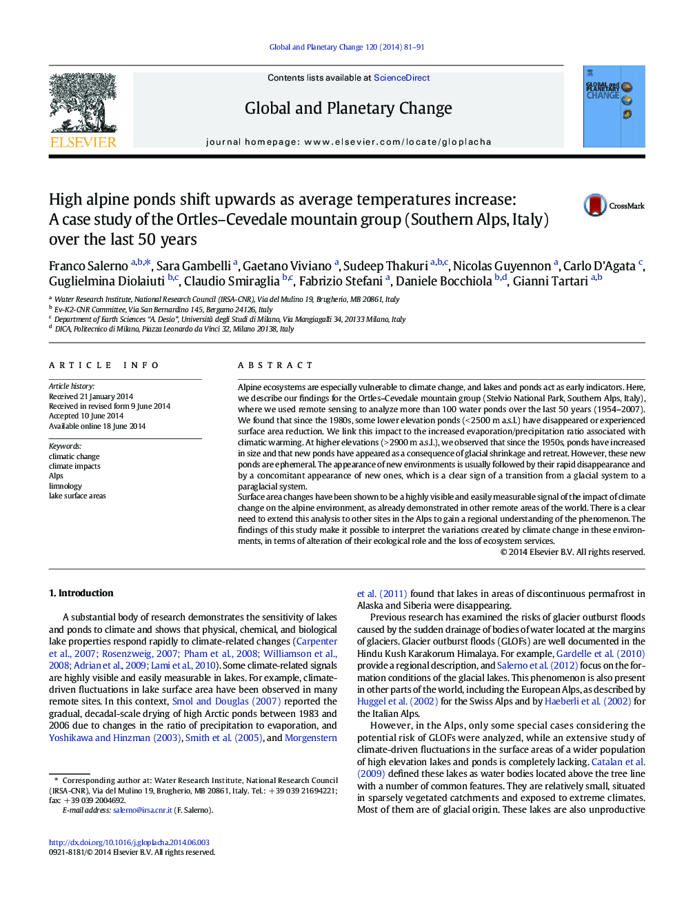 High alpine ponds shift upwards as average temperatures increase: A case study of the Ortles–Cevedale mountain group (Southern Alps, Italy) over the last 50 years